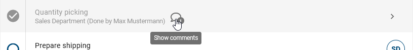 The option "Show comments" on the right side of an entry of a completed task is shown here.