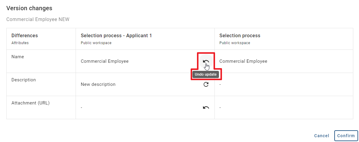 The screenshot shows the option "Undo update" in the table for the variant comparison.