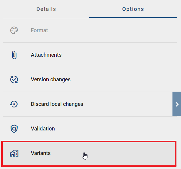 The screenshot shows the option "Variants" in the variant comparison.