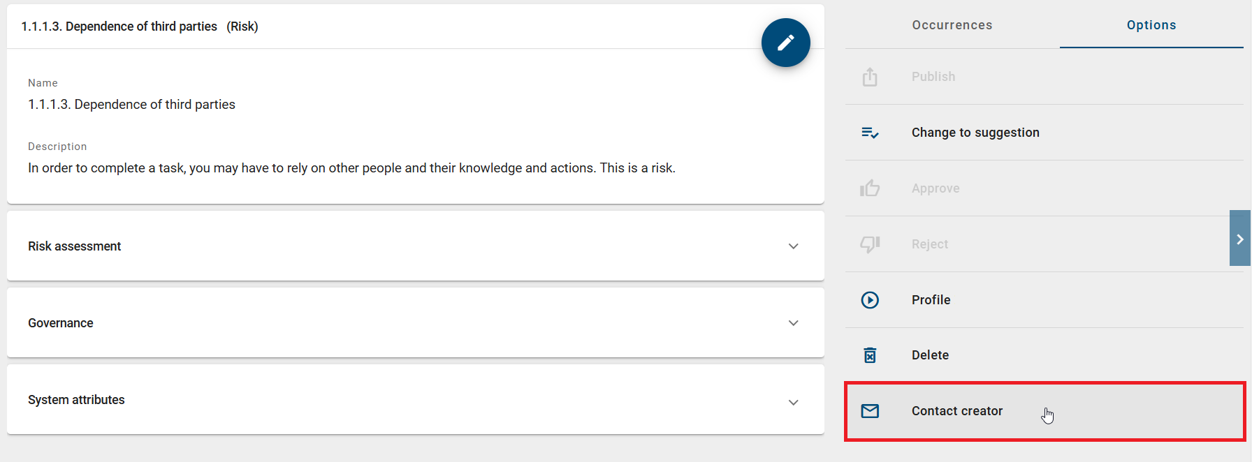 The screenshot shows the option "Contact creator" in the "Options" panel of a catalog item.