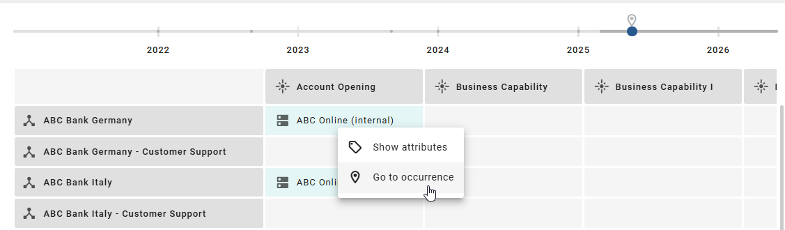The screenshot shows the option to navigate directly to the context of a displayed main object in the grid.