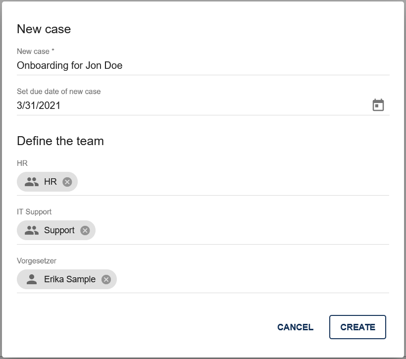 A filled dialog that is displayed after using the "Instantiate process" function is shown here.