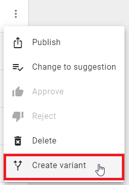 The screenshot shows the option "Create variant" in the context menu of an catalog object.