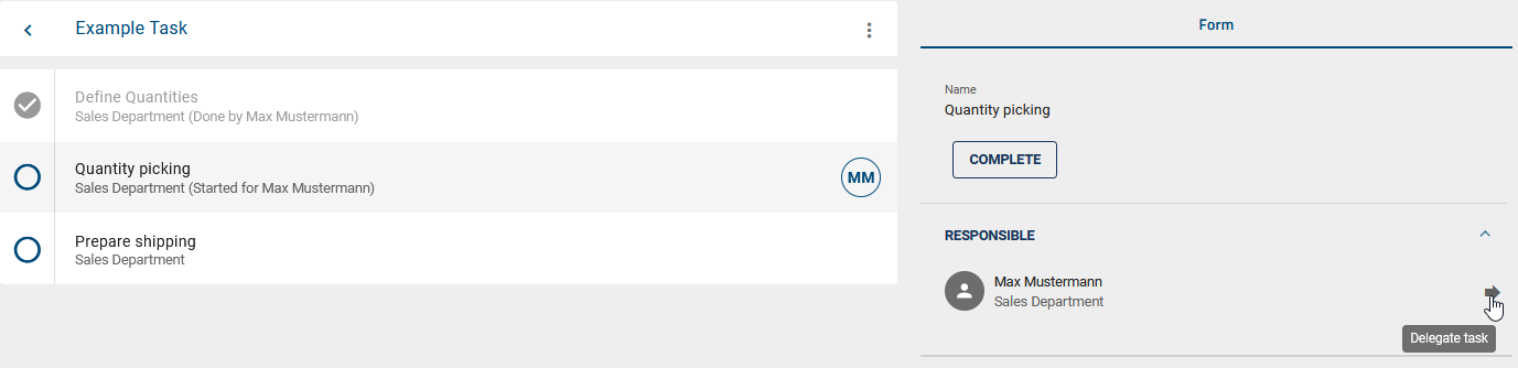 This screenshot shows the form of a task in the case flow view with the function "Delegate task".