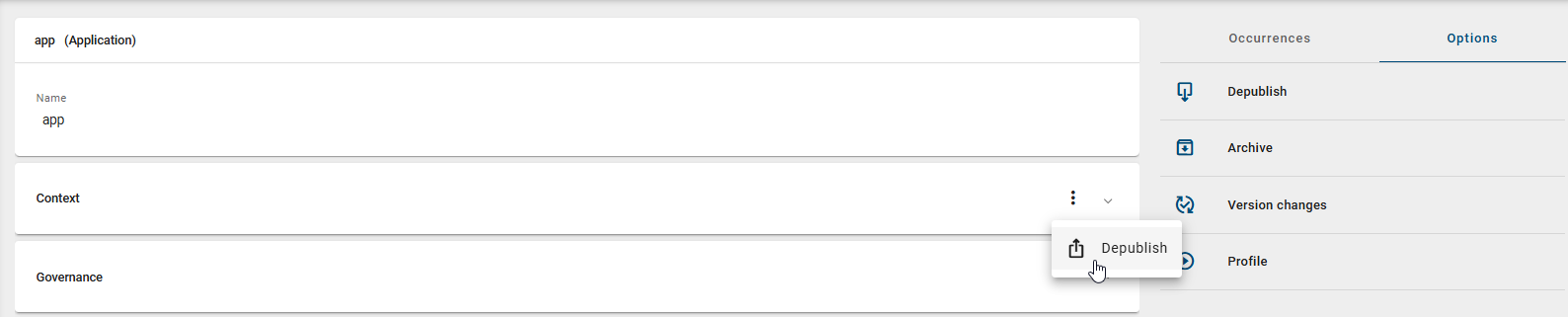 The screenshot shows the option to depublish an existing context.