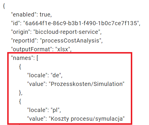 This screenshot is highlighting the variable "names" and maintained values, for example ""local": "en"" und ""value": "Process cost/Simulation"".