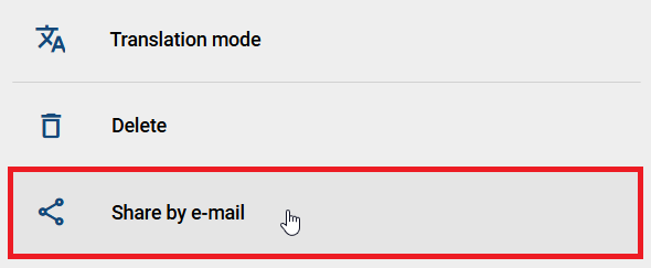 The screenshot shows the "Share by e-mail" option in the "Options" panel of a diagram in the public workspace.