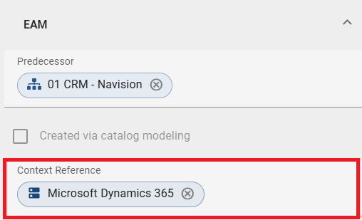 The screenshot shows the "Context Reference" input field in the "EAM" attribute group for a checked out business capability context diagram or application context diagram.