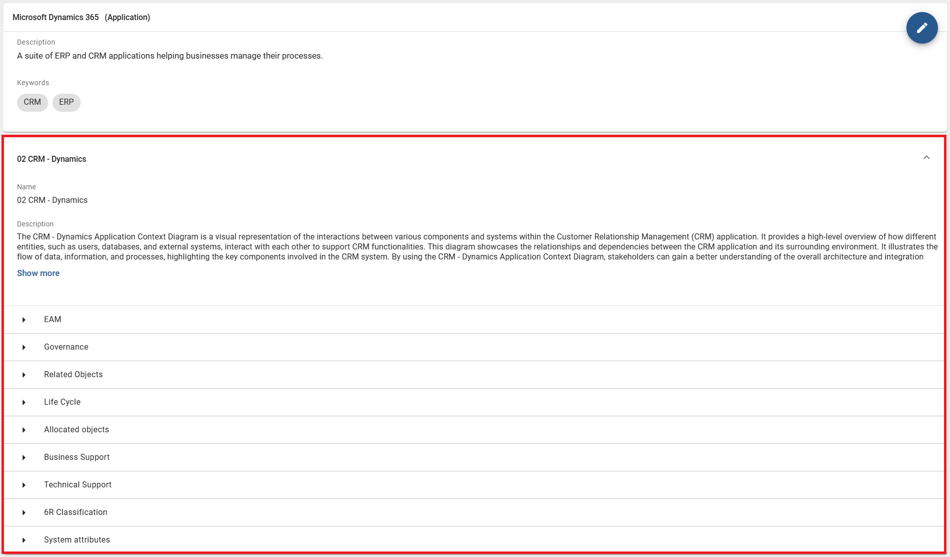 The screenshot shows the expanded attribute group for a context diagram in which the catalog object has been stored as a context reference.