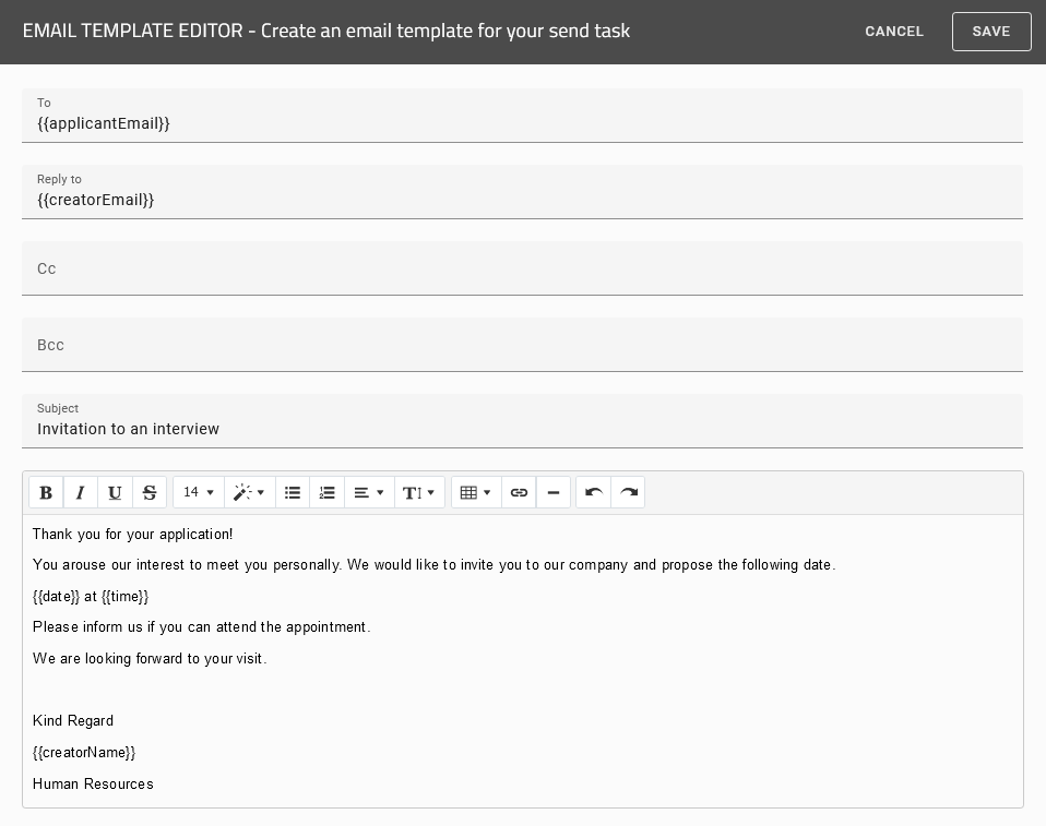 The screenshot shows the email-template editor in BIC Process Design. The text, "Reply to" and recipient field contains process variables.