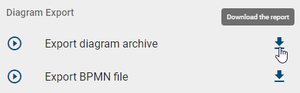 The screenshot shows the entries for "Diagram export" with a start button at their left hand side and a download button at their right hand side.