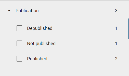 The screenshot shows the filter facet "Publication" in the catalog.