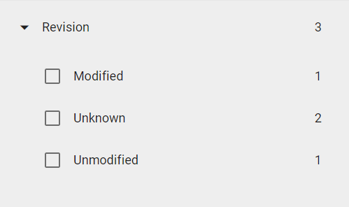 The screenshot shows the "Governance Lifecycle" attribute and the "Revison" sub-facet in the filter area of the catalog.