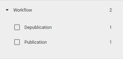 The screenshot shows the "Governance Lifecycle" attribute and the "Workflow" sub-facet in the filter area of the the catalog.