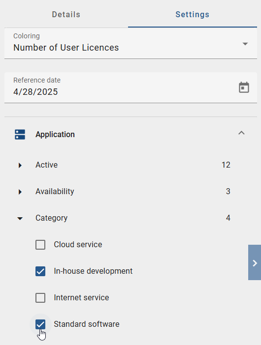 The screenshot shows the filter options in the right sidebar within the “Settings” tab.
