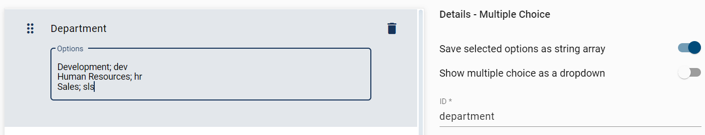 The definition of a multiple choice form field with keys is illustrated here.