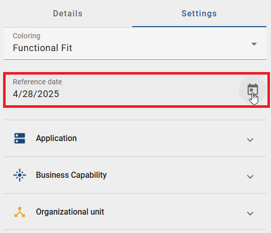 The screenshot shows the "Reference date" option in the "Settings" tab in the right sidebar of an opened Insight.