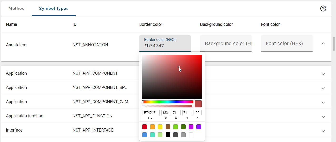 The screenshot shows the selection of a color value of the border color of a symbol.