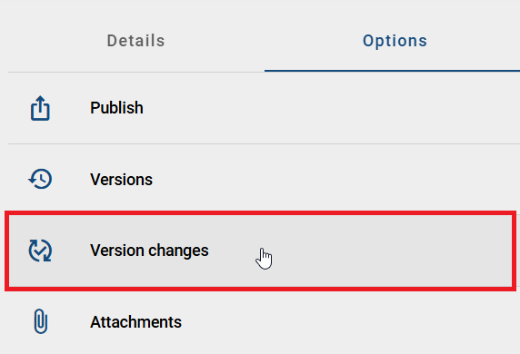 The screenshot shows the "Version changes" option in the "Options" tab of a selected diagram.