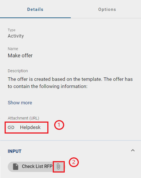 This screenshot shows the possibility to open an attachment of the selected diagram or object. Moreover, the paperclip in the chip of a referenced object is marked. A click on it opens the attachment of it.