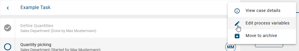 Here the option "Edit process variables" of a case's context menu is displayed.