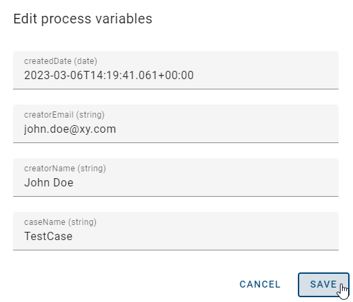 The screenshot shows a dialog that contains all process variables of a case.