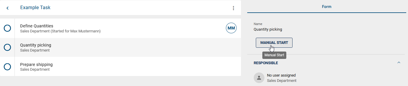 Here the option "Start task manually" within the automatic form of a task is shown.