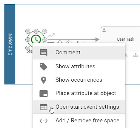The screenshot shows the context menu of a start event which includes the option "Open start event settings".