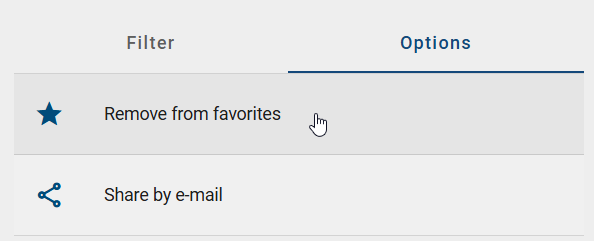 The screenshot shows the "Remove from favorites" option in the right sidebar of the central search in the "Options" panel.