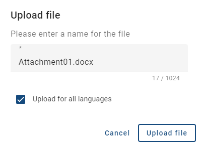 The screenshot shows the input field for the name of the attachment and the "Upload file" option.