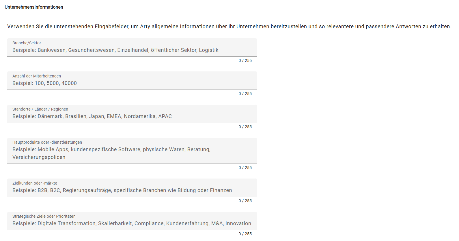 Der Screenshot zeigt die Eingabefelder, um Unternehmensinformationen für "Arty" zu speichern.