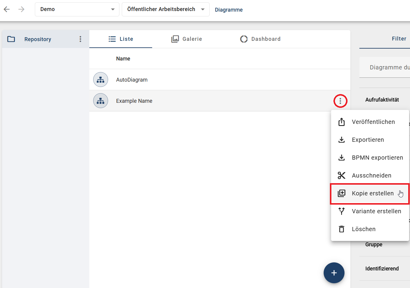 Der Screenshot zeigt, wie Sie über den Kategorien-Explorer eines Diagramms eine Kopie des ausgewählten Diagramms erstellen können.