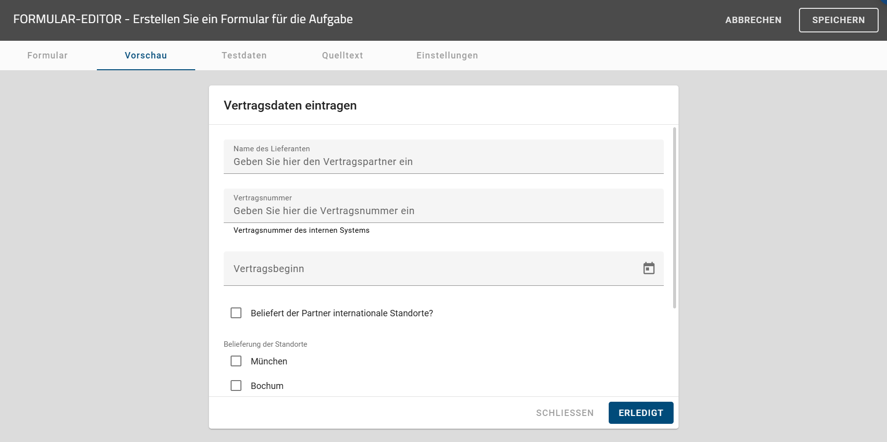 Der Screenshot zeigt die "Vorschau" eines Formulares im "Formular-Editor".