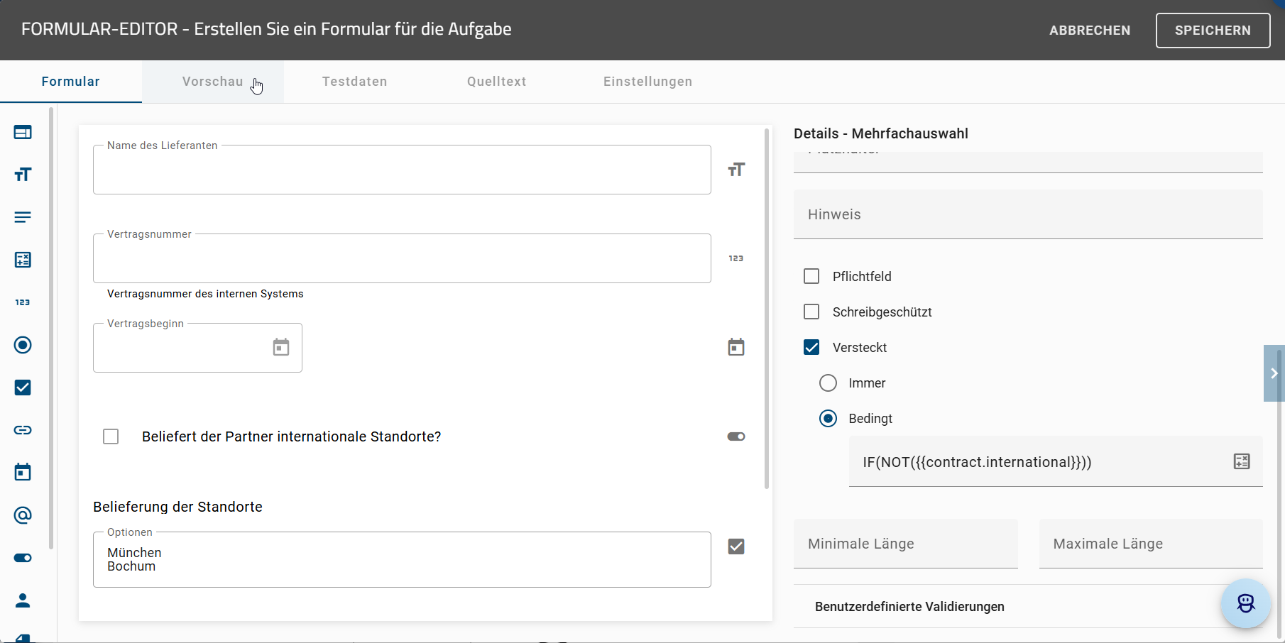 Der Screenshot zeigt, wie im geöffneten "Formular-Editor" eine "Vorschau" des Formulars angezeigt werden kann.