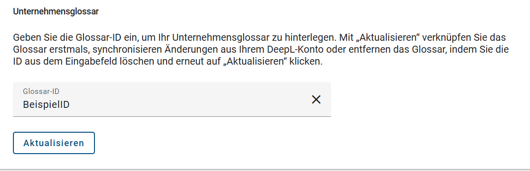 Der Screenshot zeigt das Eingabefeld, um eine "Glossar-ID" in der Kachel "Übersetzungsdienst" zu hinterlegen.