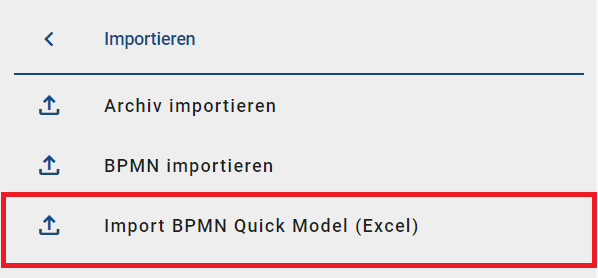 Der Screenshot zeigt die Option "Import BPMN Quick Model (Excel)" in den Optionen.