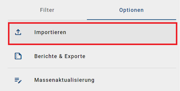 Der Screenshot zeigt die Option "Importieren" in den Optionen.