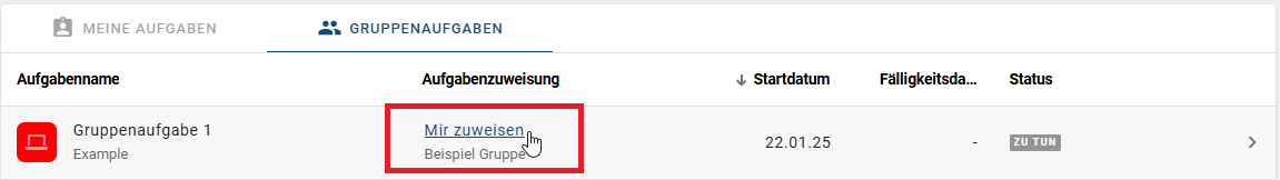 Der Screenshot zeigt eine Gruppenaufgabe mit einem Link, über den Sie die Aufgabe übernehmen können.