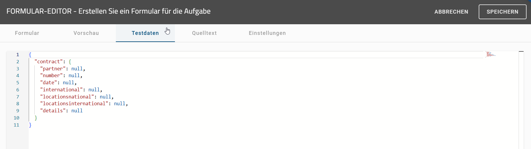 Der Screenshot zeigt den Tab "Testdaten" eines Formulares im "Formular-Editor".