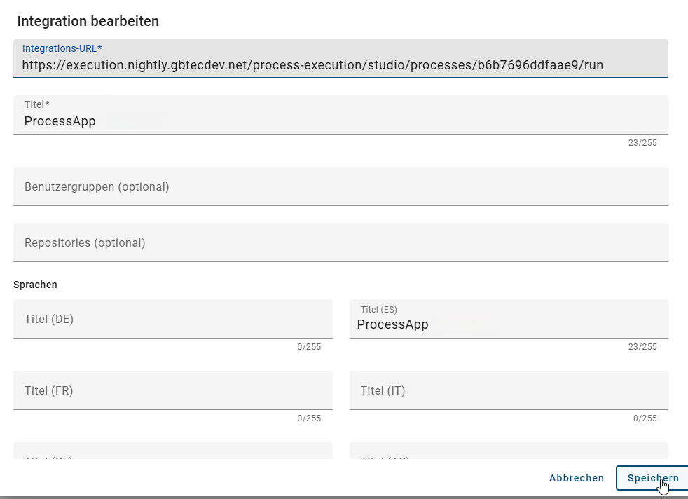 Der Screenshot zeigt die Möglichkeit eine Integration zu speichern.
