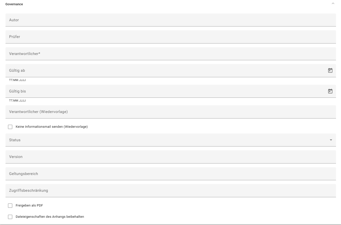 Der Screenshot zeigt, wie die Katalogattribute im Bearbeitungsmodus der "Katalogdetails" unter dem Abschnitt "Governance" gestempelt werden können.
