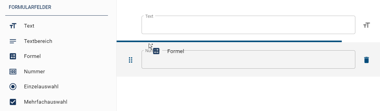 Der hier aufgeführte Screenshot zeigt wie ein neues Formularfeld der Liste durch Drag & Drop hinzugefügt wird.