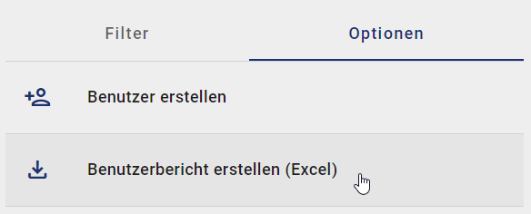 Der Screenshot zeigt die Option "Benutzerbericht herunterladen (Excel)" im Optionsbereich.
