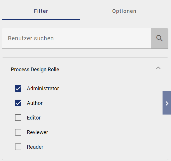 Der Screenshot zeigt die Such- und Filteroption in der Benutzerverwaltung.