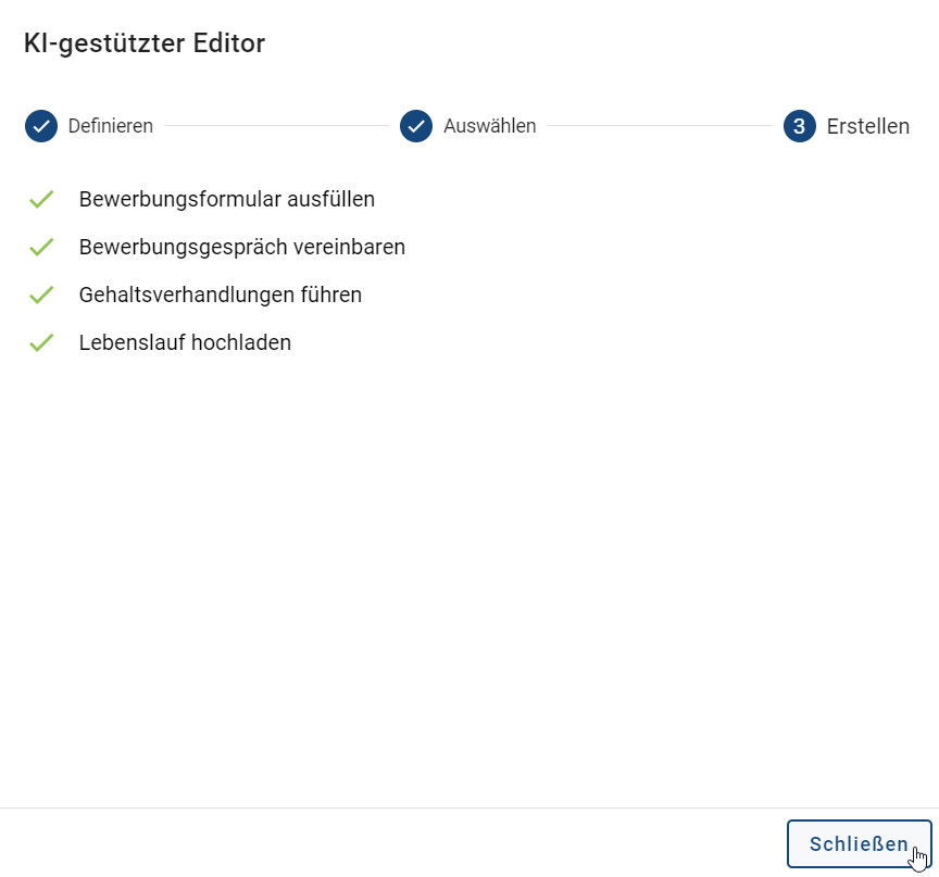 Der Screenshot zeigt im Dialogfenster den dritten Schritt für das Erstellen von KI-generierten Katalogeinträgen.