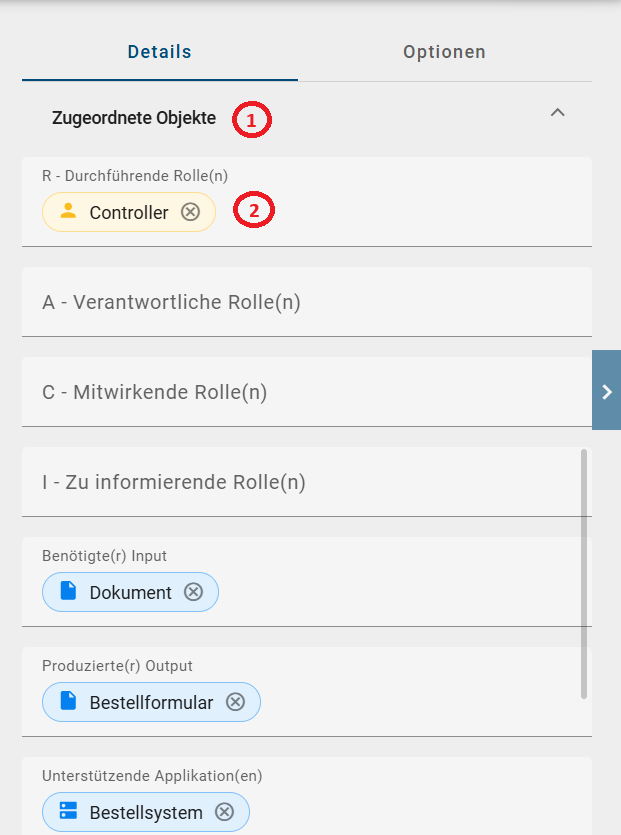 Der Screenshot zeigt die Registerkarte "Details" eines ausgewählten Diagrammobjekts. In der Attributgruppe "Zugeordnete Objekte" werden referenzierte Rollen und weitere Zielobjekte als auswählbare Einträge angezeigt.