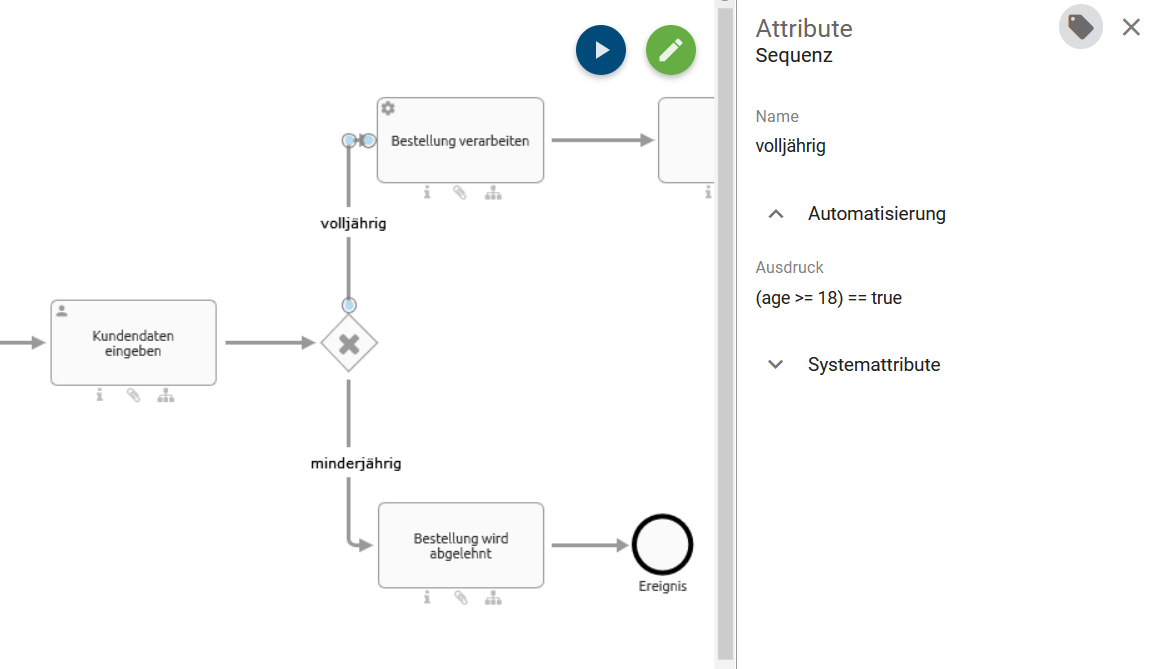 Hier wird das Attribut "Ausdruck" in BIC Process Design gezeigt, in dem Sie Ausdrücke für eine automatisierte Entscheidungsfindung in BIC Process Execution angeben können.