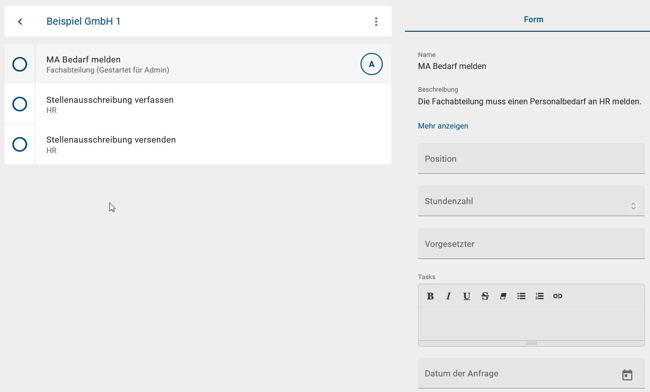 In diesem Screenshot ist die Form einer selektierten Aufgabe aus einem Vorgang dargestellt.