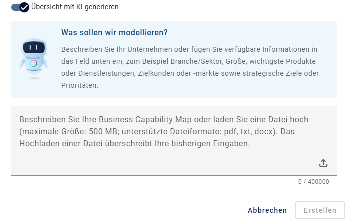 Dieser Screenshot zeigt die Möglichkeit eine "Business Capability Map" mit Hilfe von KI im Menüeintrag "Diagramme" zu generieren.