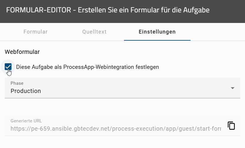 Der Screenshot zeigt die Einstellungen für das Webformular in den Einstellungen des Formular-Editors.